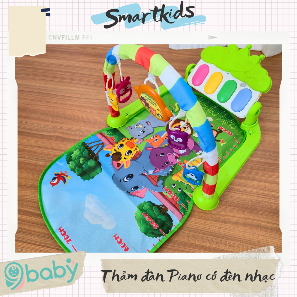 [ẢNH THẬT + VIDEO] Thảm chơi đàn Piano phát nhạc 9BABY cho bé nằm chơi mẫu sở thú xanh lá
