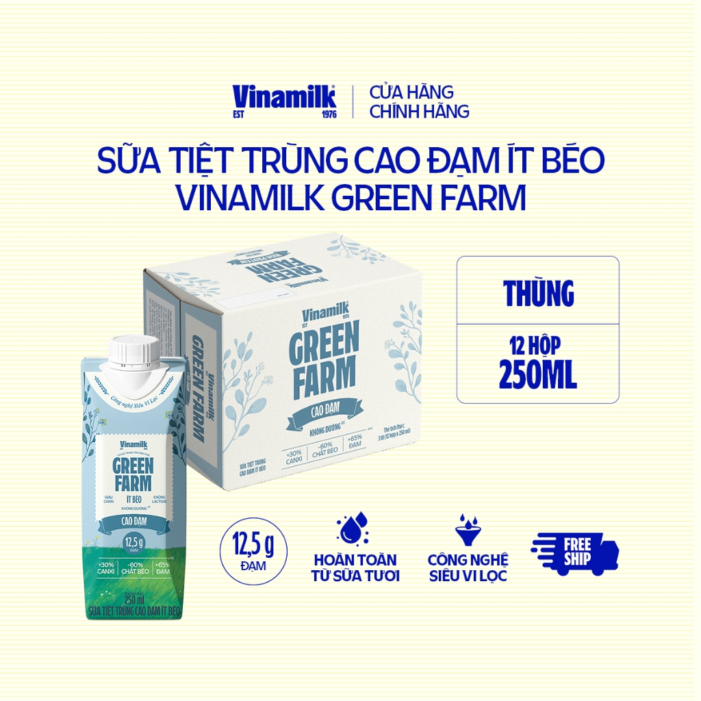 Thùng 12 hộp Sữa tươi Vinamilk Green Farm cao đạm, không lactose - hộp 250ml