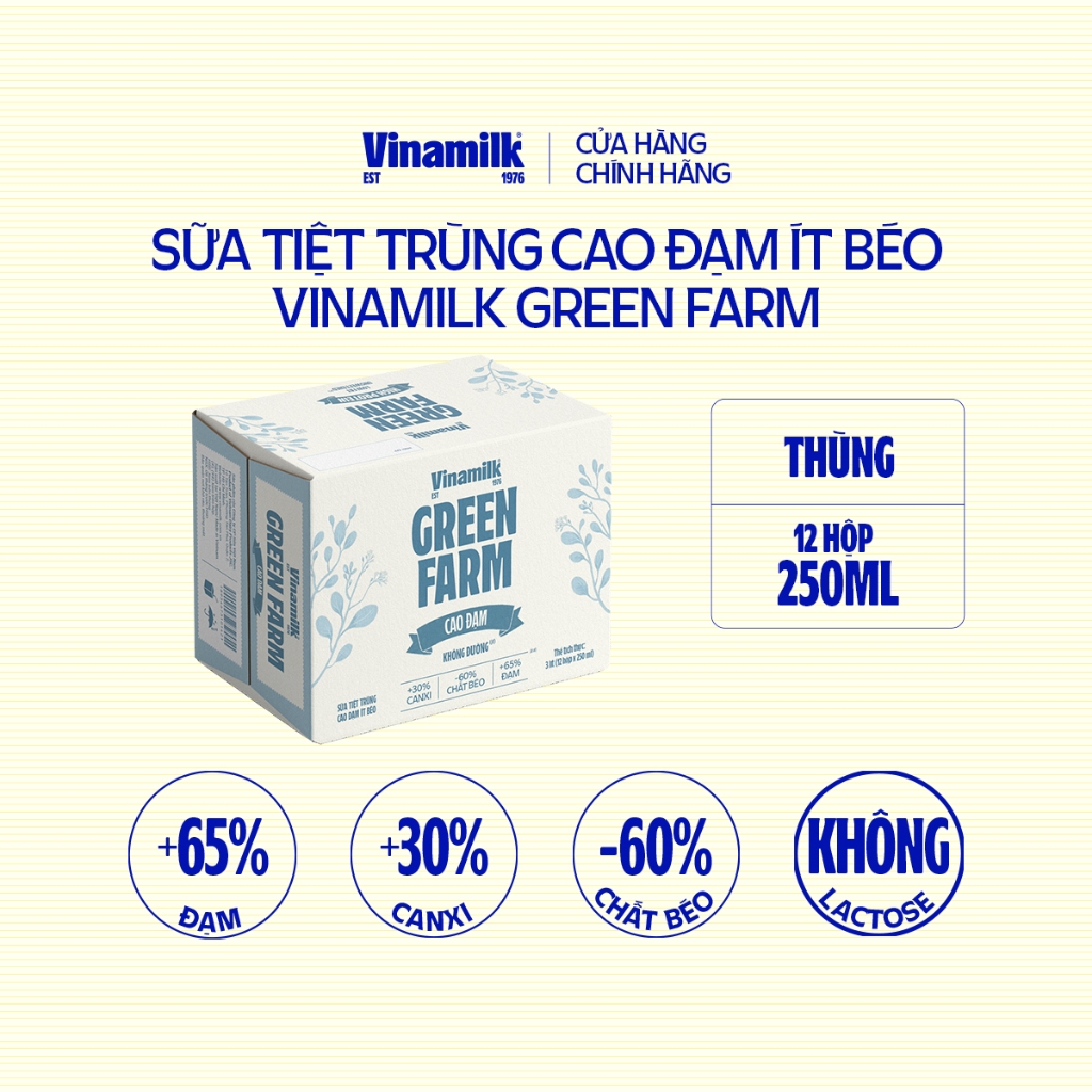 Thùng 12 hộp Sữa tươi Vinamilk Green Farm cao đạm, không lactose - hộp 250ml | BigBuy360 - bigbuy360.vn