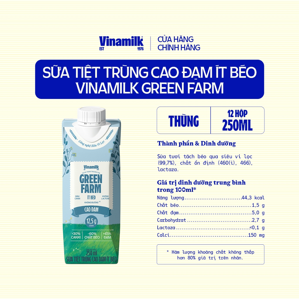 Thùng 12 hộp Sữa tươi Vinamilk Green Farm cao đạm, không lactose - hộp 250ml | BigBuy360 - bigbuy360.vn
