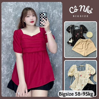 Đồ Bộ Bigsize Nữ Dễ Thương Áo Babydoll Tay Phồng Lưng Chun Co Giãn Phối Quần Đùi Cạp Cao SET55