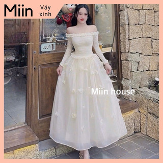 Váy trễ vai rúm eo, ngực kèm hoa
