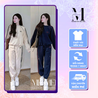 Set đồ nữ thu đông áo sweater thêu chữ phối quần jogger 3 sọc màu be, đỏ, xanh phong cách thể thao Meistore ST16793
