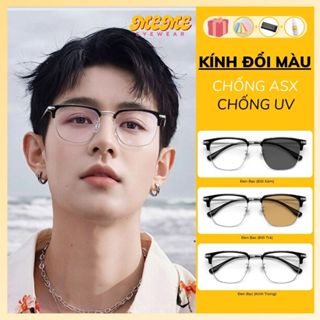 Mắt kính nam đổi màu chống ánh sáng xanh uv gọng kính vuông nửa viền kim loại cao cấp thời trang Hàn Quốc kính mắt Y19