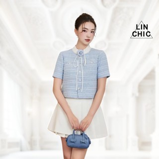 Set đồ nữ tiểu thư, áo kiểu dạ tweed và chân váy xếp ly dáng ngắn kèm hoa LINCHIC