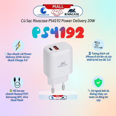 [HỎA TỐC] Củ Sạc Rivacase PS4192 Power Delivery 20W - Quick Charge 3.0 - Chính hãng 100%