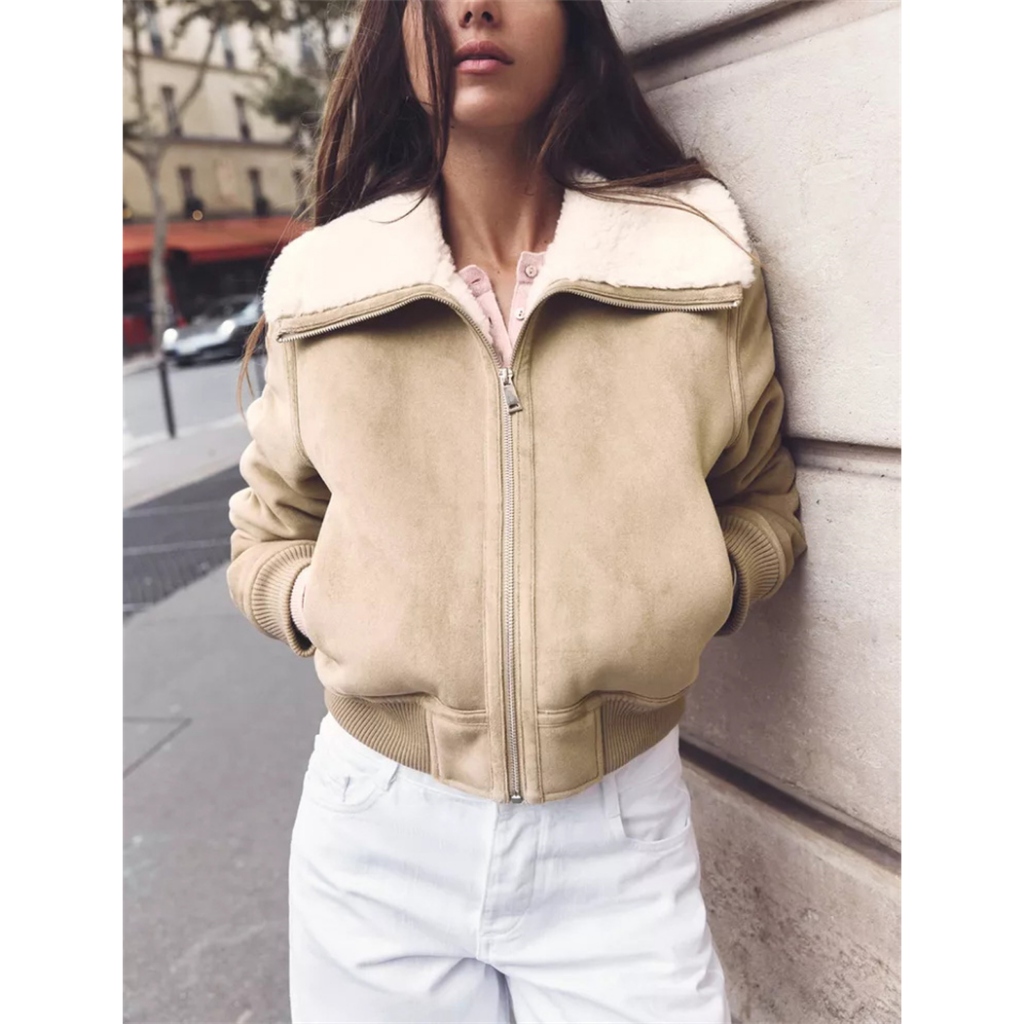 Áo khoác Zara made in Morocco da lộn phối cổ lông cừu trắng - nữ