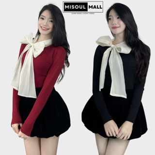  Áo Thun Cotton Dài Tay Phối Cổ Nơ Tơ Kem Bánh Bèo Tiểu Thư BigSize MiSoul Mall  Áo Dài Tay Cổ Mix Dây Nơ Điệu Đà 374 