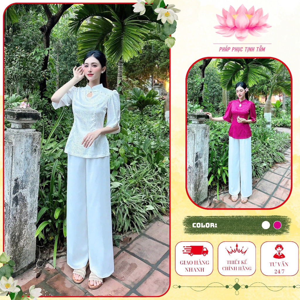 Đồ Lam Đi Chùa Tịnh Tâm, Pháp phục nữ lụa XANH xoáy, lụa tuyết nhung cổ tàu cúc chuồn, Size 40-68kg,4 size S,M,L,XL