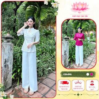 Đồ Lam Đi Chùa Tịnh Tâm, Pháp phục nữ lụa XANH xoáy, lụa tuyết nhung cổ tàu cúc chuồn, Size 40-68kg,4 size S,M,L,XL