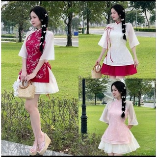  SÉT ÁO DÀI CÁCH TÂN THÊU HOA ĐÍNH NƠ KÈM CHÂN VÁY XÒE TRẺ TRUNG MẶC TẾT SIÊU XINH CÓ 3 MÀU,3 SIZE S,M,L Nữ Tre Top 