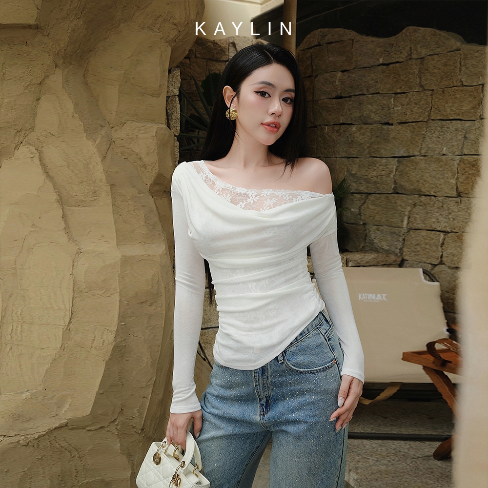  Áo kiểu KAYLIN tay dài lệch vai phối ren chất vải lụa thun mỏng nhẹ phong cách gợi cảm - N2363 