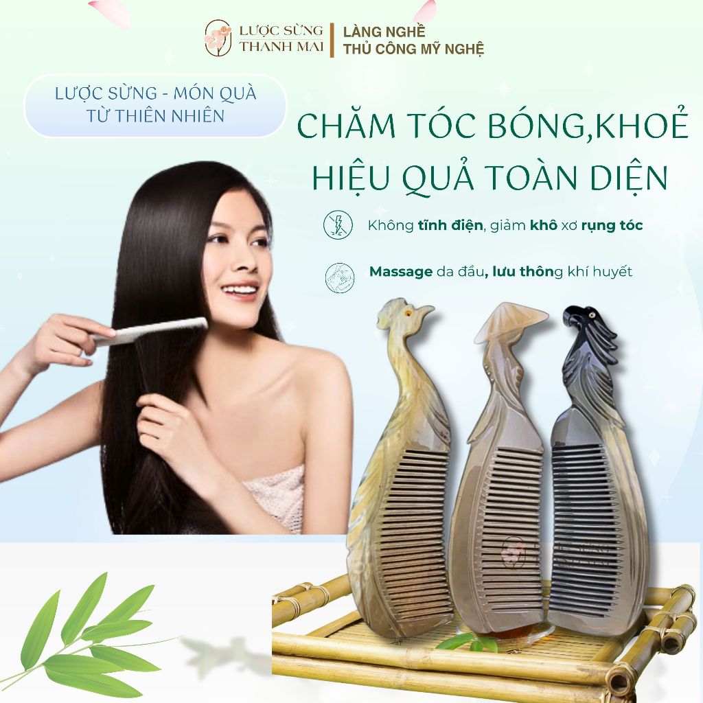 Lược sừng trâu Mỹ Nghệ Cao Cấp, lược massage gỡ rối ngăn rụng tóc giảm đau đầu chóng mặt