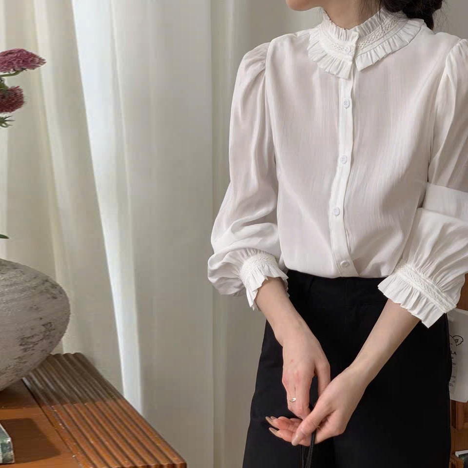 [[XẢ HÀNG NGHỈ BÁN] Áo Sơ Mi Trắng Nữ Dài Tay Thanh Lịch - Áo Sơ Mi Lụa Dài Tay Cổ Cao Dáng Rộng Mỏn