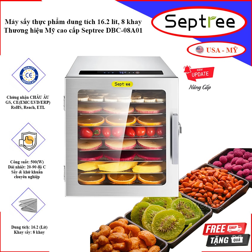 Máy sấy thực phẩm 8 khay. Thương hiệu Mỹ cao cấp Septree DBC-08A01. Hàng chính hãng