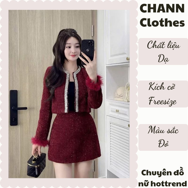  Set dạ tweed nữ set đồ nữ áo khoác nhũ kim sa viền ngọc tay lông kèm chân váy chữ a dáng ngắn Chann Clothes HCOM3676 