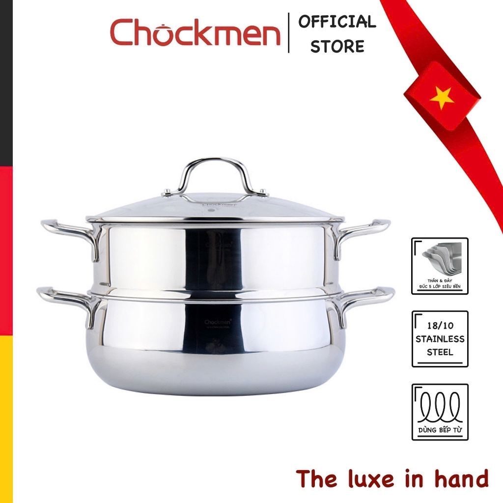 Nồi Hấp CHOCKMEN 26-28-30CM Inox18/10 Nồi Lẩu Kèm Khay Hấp Nồi Hấp 2 Tầng Nắp Kính Có Tay Cầm