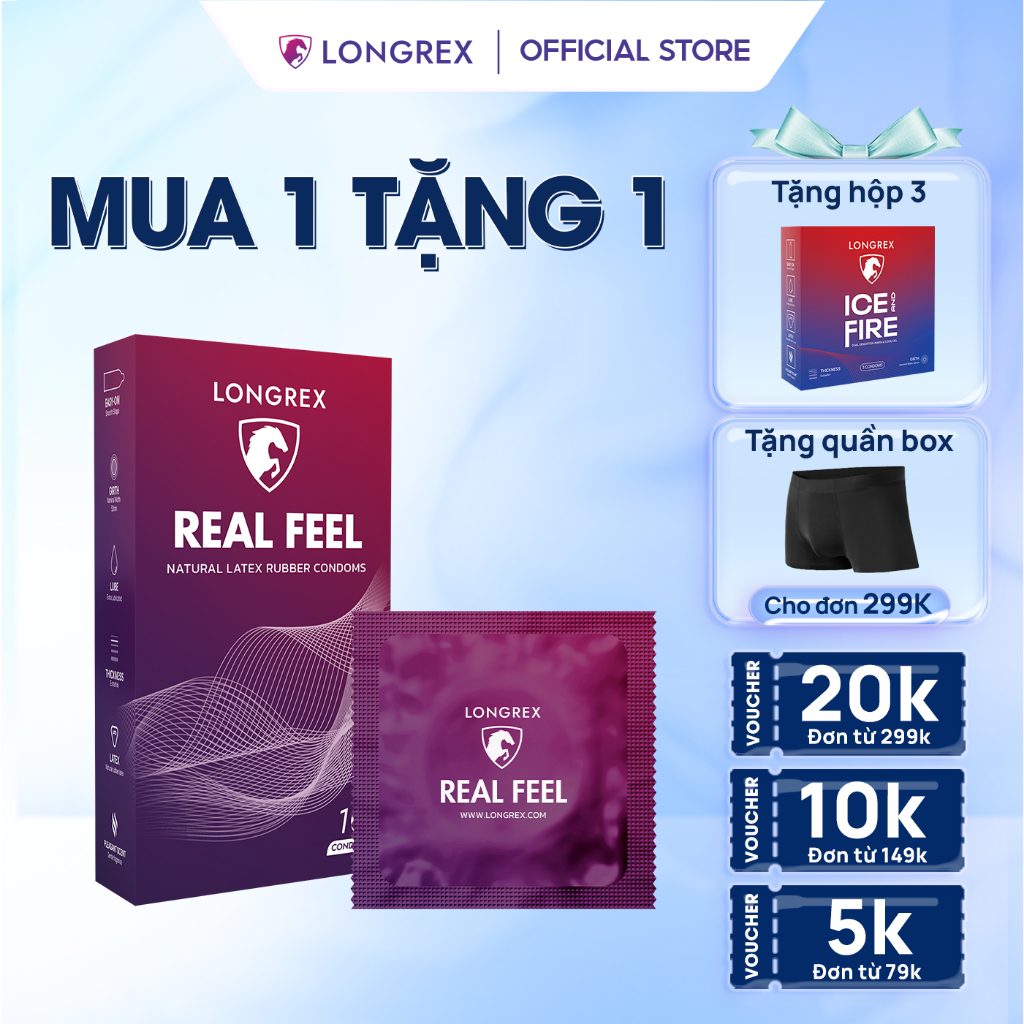 Bao cao su Longrex siêu mỏng Real Feel, nhiều gel bôi trơn, size 52mm, hương bạc hà chất lượng cao cấp hộp 10 bcs LR03