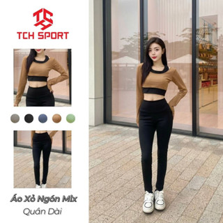 Bộ tập gym yoga nữ dài tay TCH SPORT phối màu set tập mùa đông quần dài áo xỏ ngón co giãn (D07)