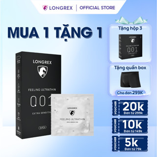 Bao cao su Longrex Extra Sensitive siêu mỏng, kéo dài thời gian quan hệ, nhiều gel bôi trơn, hương vani, hộp 10 bcs LR01