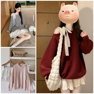  Áo Swetter Trễ Vai Thắt Nơ Nữ. Áo nỉ form rộng tay bồng màu đỏ Hồng ghi phong cách Hàn quốc 