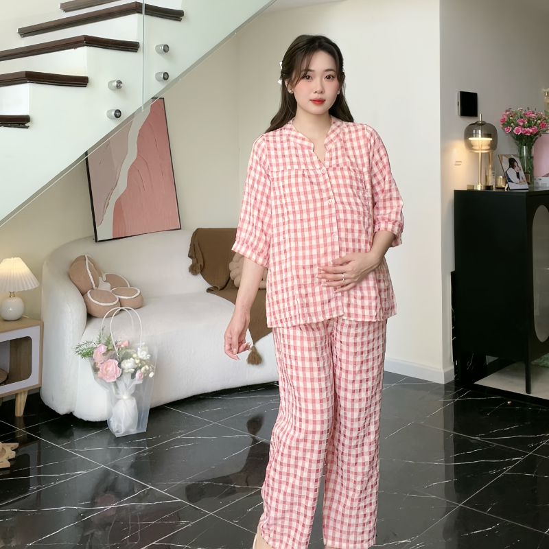 Đồ Bộ Bầu Dài Cổ Tàu Mẫu Mới 2025 Larosa Mặc Nhà Và Sau Sinh Chất Liệu Caro Labee Cao Cấp Mềm Mát - LA025B