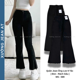 Quần Kaki Nữ Ống Loe Lưng Cao Dài 9 Tấc Rách Gấu Phong Cách Hàn Quốc Cực Xinh 589