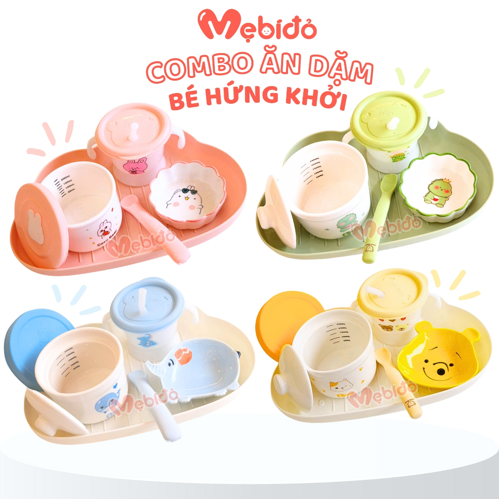 Combo Chén Sứ Ăn Dặm Kiểu Nhật Set Ăn Dặm Hứng Khởi Cho Bé Hũ Thủy Tinh Cốc Tập Hút Shop Mẹ Bí Đỏ