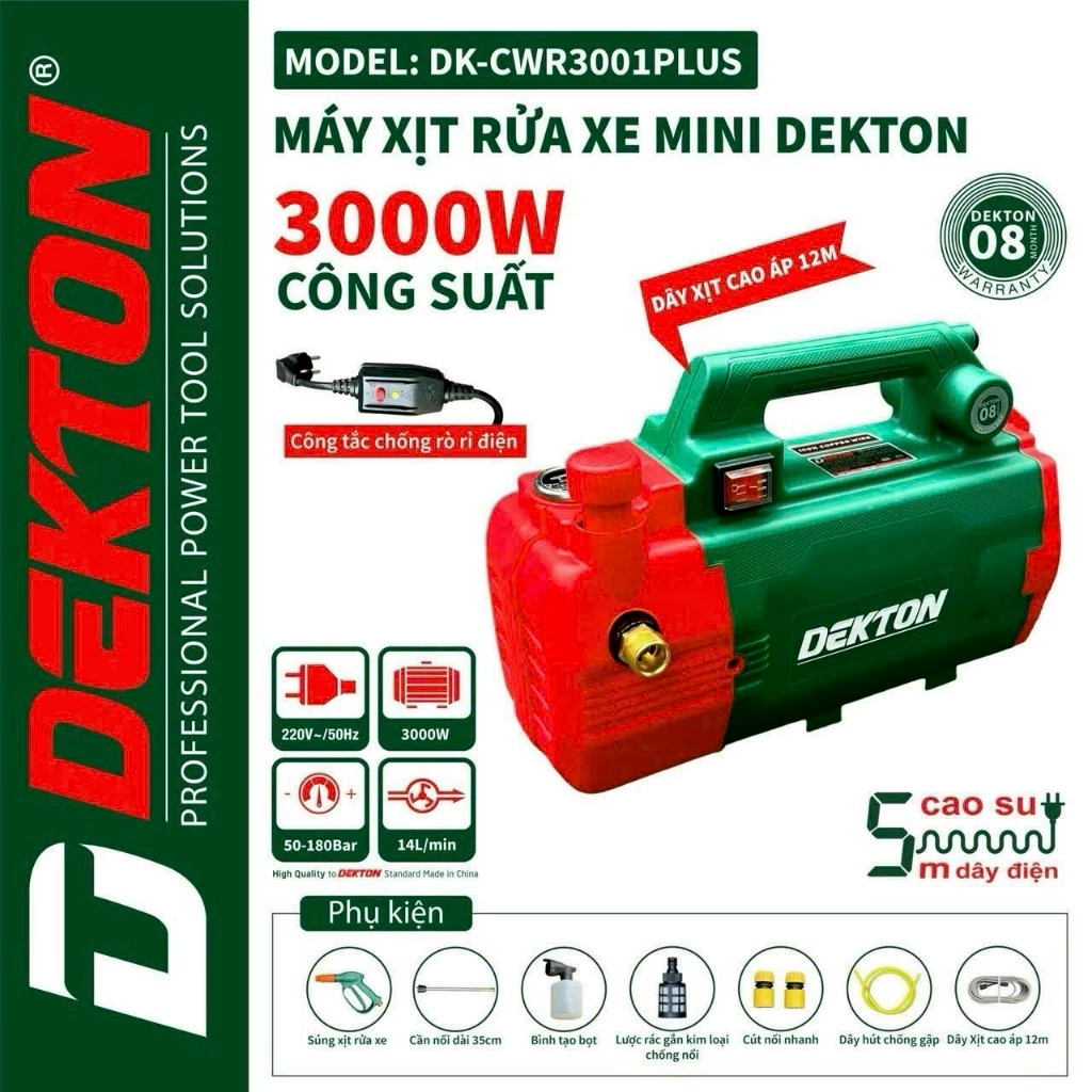 Máy rửa xe cao áp Dekton DK-CWR3001plus - Công suất 3000W - Có chống giật - Cần nối dài