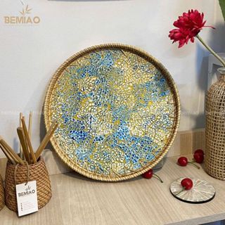 Khay mây khảm trai Bemiao khay size 50cm, khay đựng đồ đa năng, hoa quả, bánh mì, khay decor nhà cửa