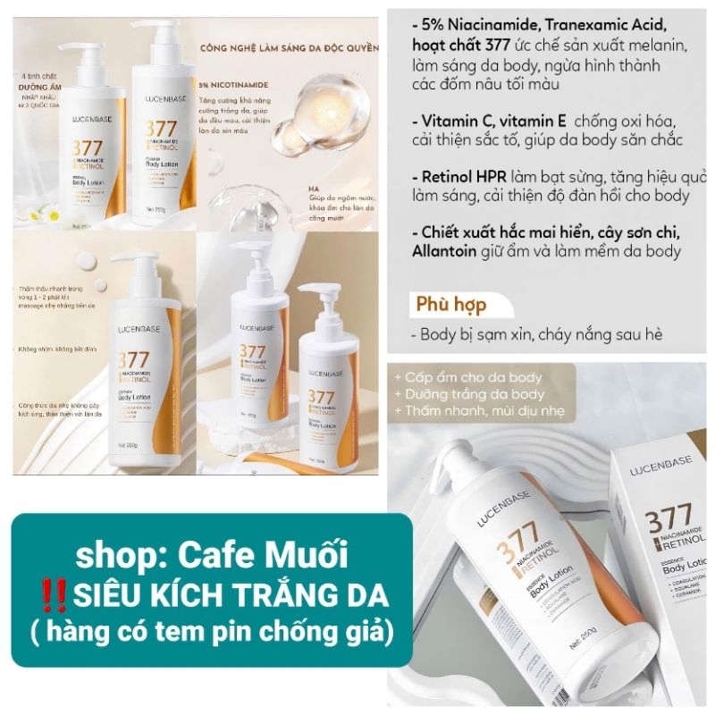 SỮA DƯỠNG THỂ SIÊU KÍCH TRẮNG DA Lucenbase 377 Niacinamide + retinol essence body lotion 250ml