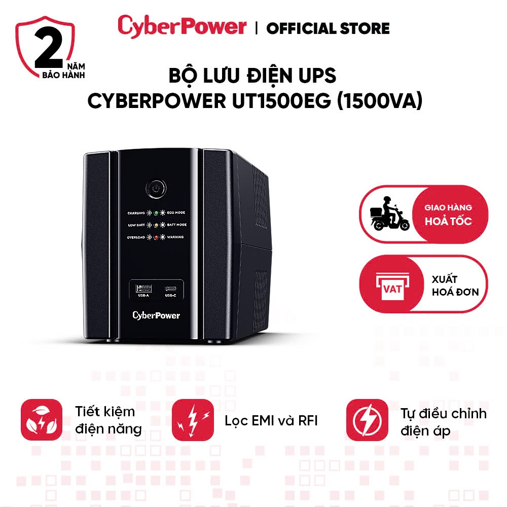  Bộ Lưu Điện UPS CyberPower UT1500EG  1500VA 900W  | Quản Lý Qua Phần Mềm PowerPanel | BH 2 Năm 
