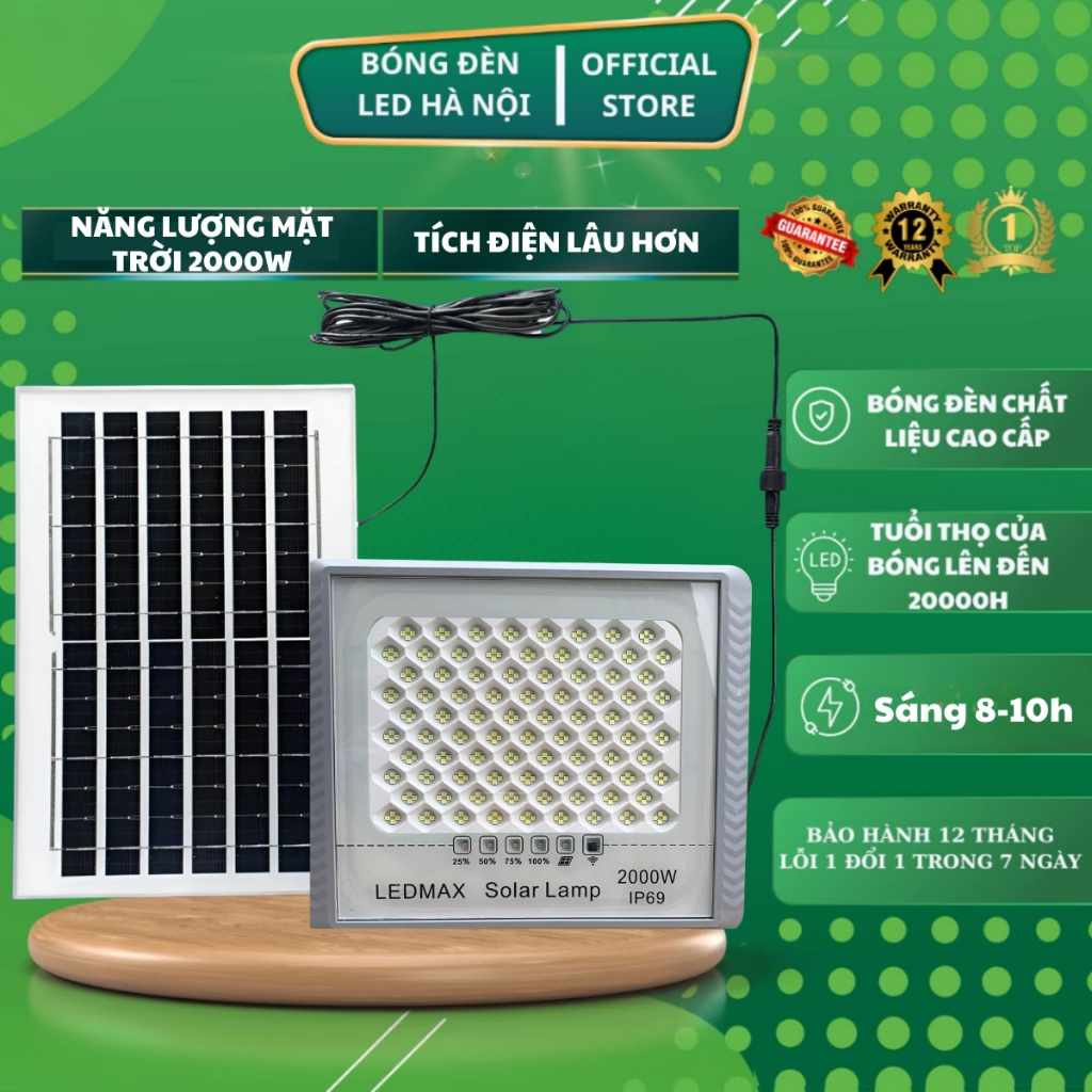 Đèn năng lượng mặt trời LEDMAX 2000W, đèn pha năng lượng mặt trời chống nước IP68, chống chói lóa
