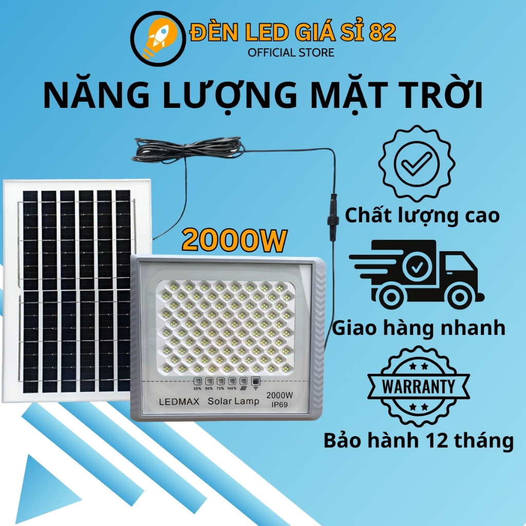 Đèn pha năng lượng mặt trời 2000W chống lóa, đèn năng lượng mặt trời chống nước IP68, kèm remote