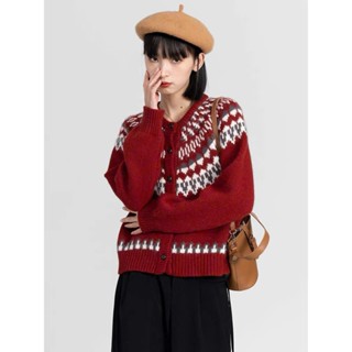   HÀNG SẴN  Áo len cardigan màu đỏ họa tiết thổ cẩm giáng sinh năm mới phong cách vintage Hàn Quốc hàng QC cao cấp 