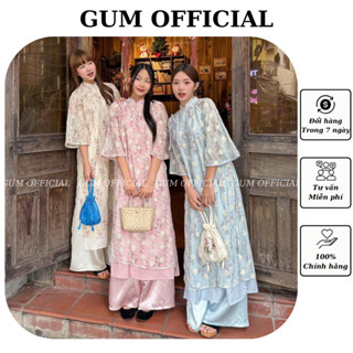  Áo dài voan tơ BẠCH VŨ in hoa phối thắt nơ đôi kèm quần lụa Gum Official Set áo dài Tết hoa nhí dáng suông tay lỡ 