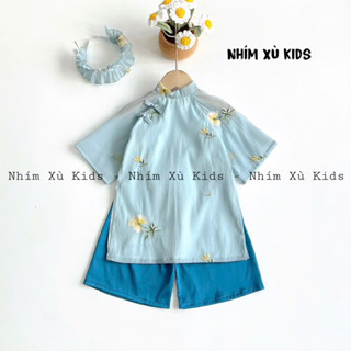   4-64kg  Áo Dài Tơ Xanh Thêu Mẹ Và Bé Gái NHÍM XÙ KIDS Cho Bé 1 Tháng Đến 8 Tuổi AD147 