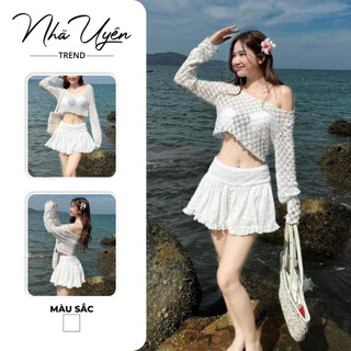  Sét hót 4 món áo bra có đính hoa có mút quần bikini rời khoác ren hoa chuẩn hình chân váy lưng thun phối ren đi biển 