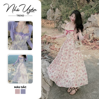 Set đầm khoác - Đầm bánh bèo, tiểu thư nhẹ nhàng,đầm 2 dây hoa dáng dãi xòe nơ ngực+khoác tay dài 2 màu cho các nàng thơ