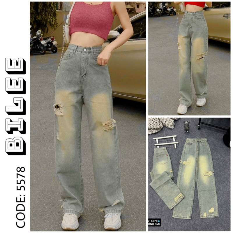 Quần jean nữ BiLee ống suông xanh bạc phủ vàng rách mã 5578