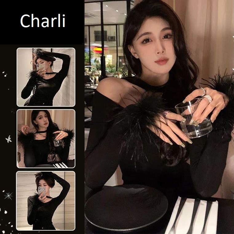 Áo Halter Neck Fur Top Thu Đông Không Đều Một Vai Dài Tay Trễ Vai