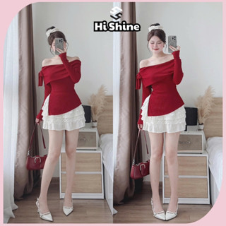 Áo Trễ Vai Tiểu Thư Len Gân Buộc Nơ Xẻ Tà, Áo Thun Nữ Siêu Co Giãn Sexy Quyến Rũ - HiShine