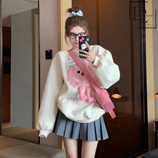 Áo sweater cổ tròn màu trắng in hình quả cầu hồng cute đội mũ dài tay bo gấu dày dặn ulzzang nữ- Dali