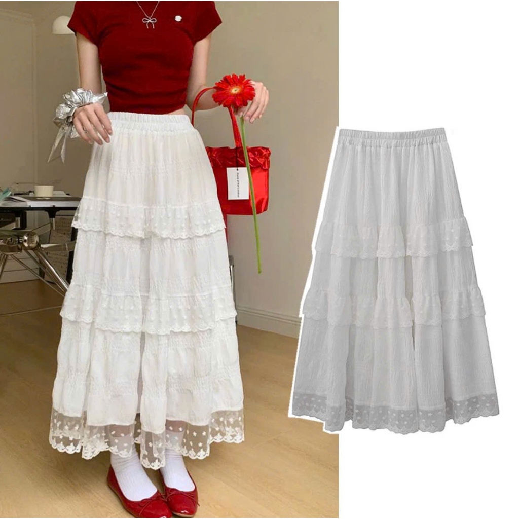 (New/ Sẵn) Chân váy midi tầng LILA cạp chun phối viền bèo ren gấu Ulzzang | BigBuy360 - bigbuy360.vn