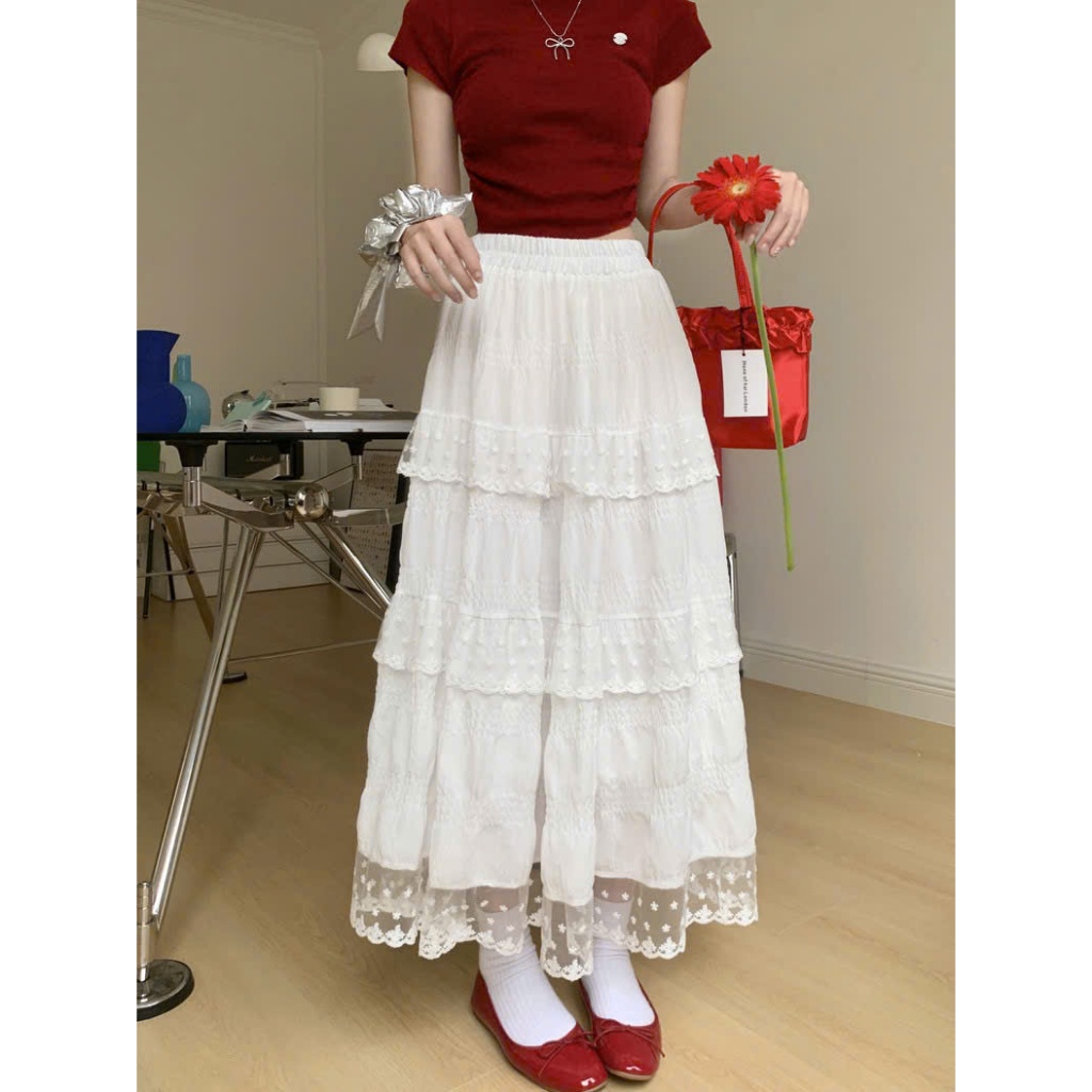 (New/ Sẵn) Chân váy midi tầng LILA cạp chun phối viền bèo ren gấu Ulzzang | BigBuy360 - bigbuy360.vn