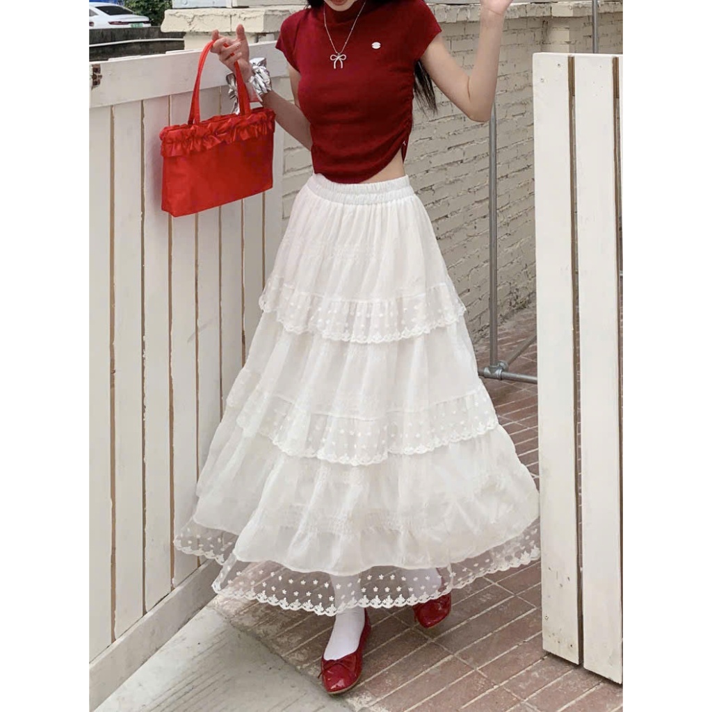(New/ Sẵn) Chân váy midi tầng LILA cạp chun phối viền bèo ren gấu Ulzzang | BigBuy360 - bigbuy360.vn