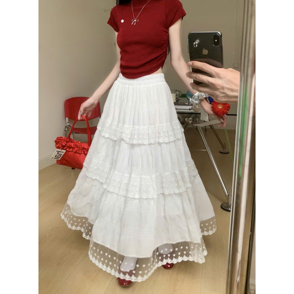 (New/ Sẵn) Chân váy midi tầng LILA cạp chun phối viền bèo ren gấu Ulzzang | BigBuy360 - bigbuy360.vn