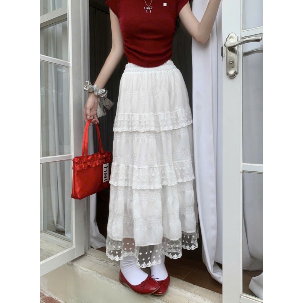 (New/ Sẵn) Chân váy midi tầng LILA cạp chun phối viền bèo ren gấu Ulzzang | BigBuy360 - bigbuy360.vn