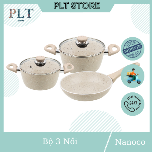 Bộ 3 Nồi Chống Dính Nanoco NCWS540 (Nồi 18cm và 24cm có nắp + Chảo 24cm)