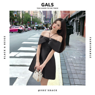 Váy đầm tiệc sang trọng Marble Dress GALS cổ yếm nơ bản to trễ vai - Đen